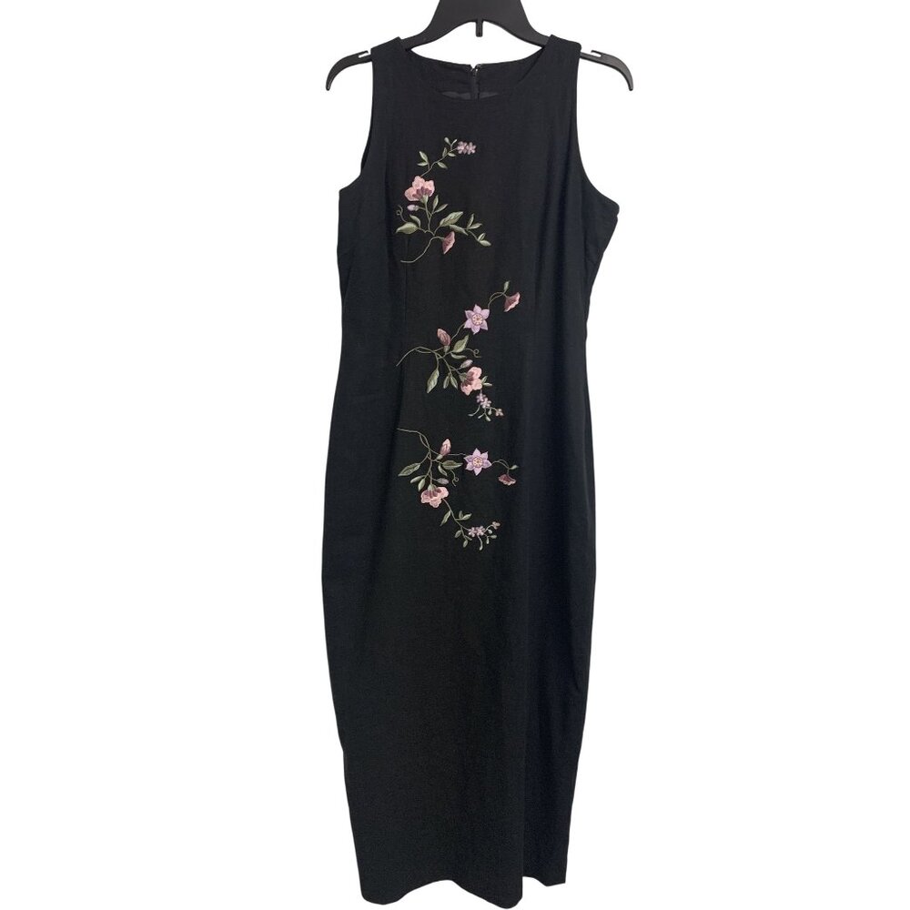 Vintage Ultra Dress N.Y. Black Linen‎ Floral Embroidered Long Dress Size 10
